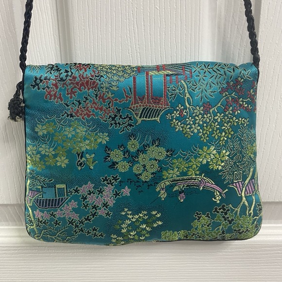 Hand Made Teal Blue Pure Silk Embroidery Mini Cross-body Purse 8x6x.75" - Picture 3 of 9